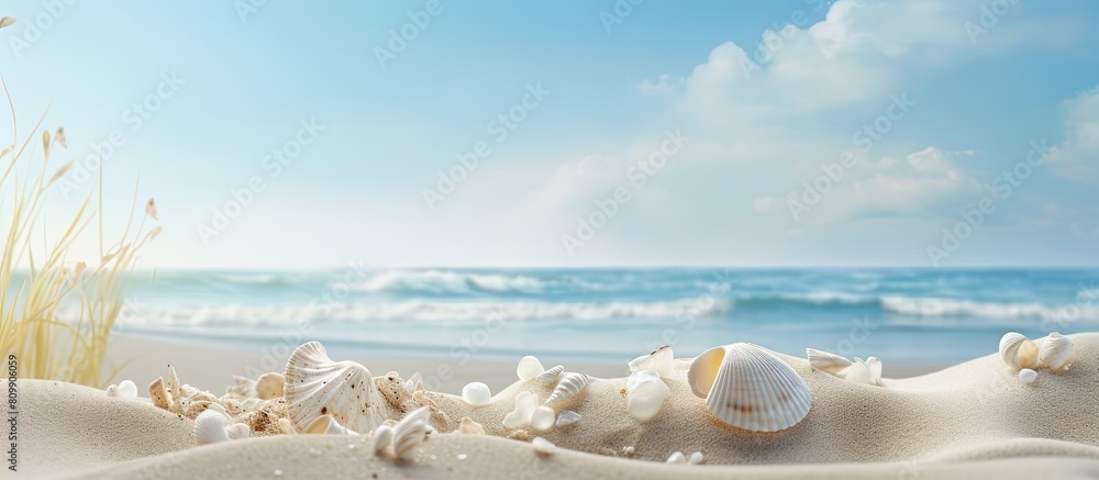 Poster in the summer the beach sand dune and shell fragments create a picturesque landscape with ample copy