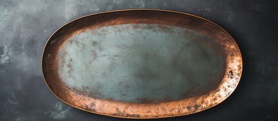 A vintage oval plate on a concrete background showcases old bronze knives The image provides copy space for text and can also be used as food photography props