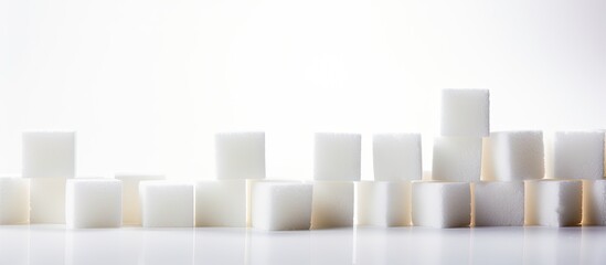 A copy space image of sugar cubes arranged neatly on a white surface