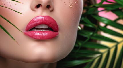 close up female natural lips with bright tropical palm, female beauty cosmetology concept.