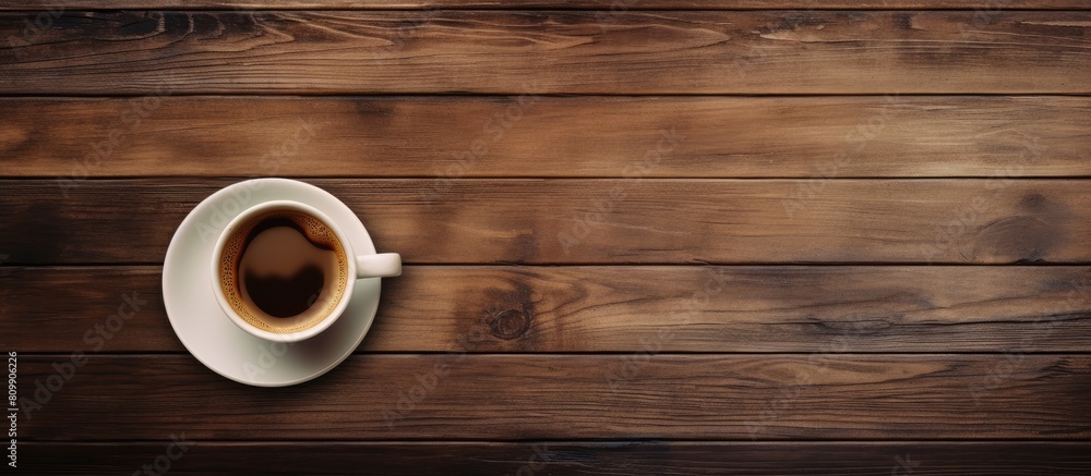 Poster top view of a cup of coffee resting on a wooden table with ample space in the image for copying and 