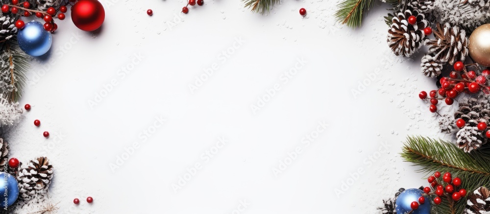 Aufkleber a festive christmas composition with fir branches cones red decorative berries blue and white gift b
