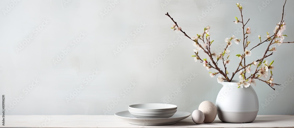 Leinwandbilder neutral colored easter table setting with a white ceramic plate cutlery and spring willow branches o