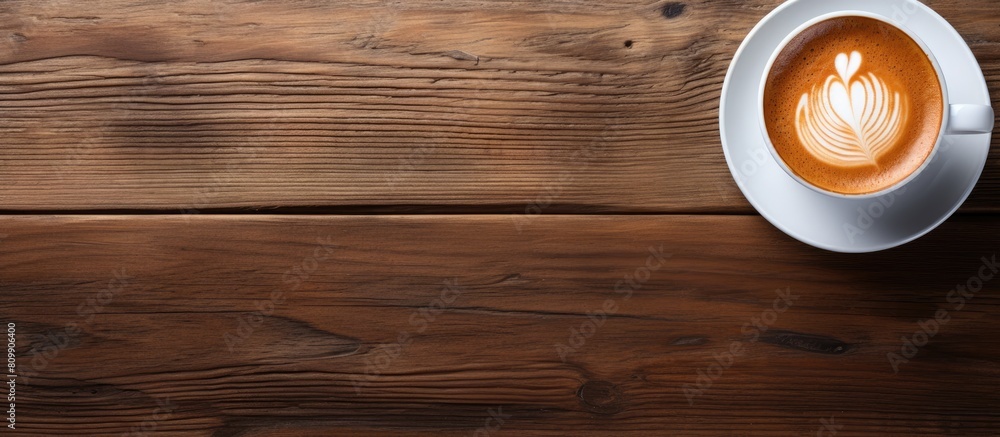 Poster top view of a coffee espresso placed on a wooden table providing ample copy space for additional ele