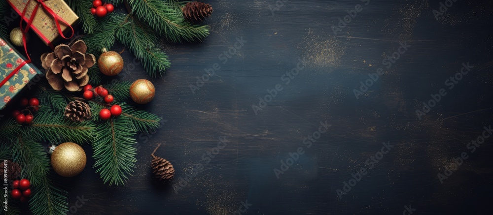 Poster top down view of a christmas themed arrangement featuring a spruce branch gifts and toys the image o