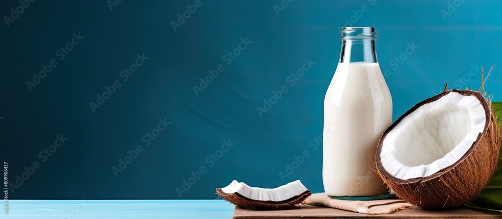 Aufkleber a front view of a healthy vegan milk bottle placed on a wooden plate with half coconuts a palm branc