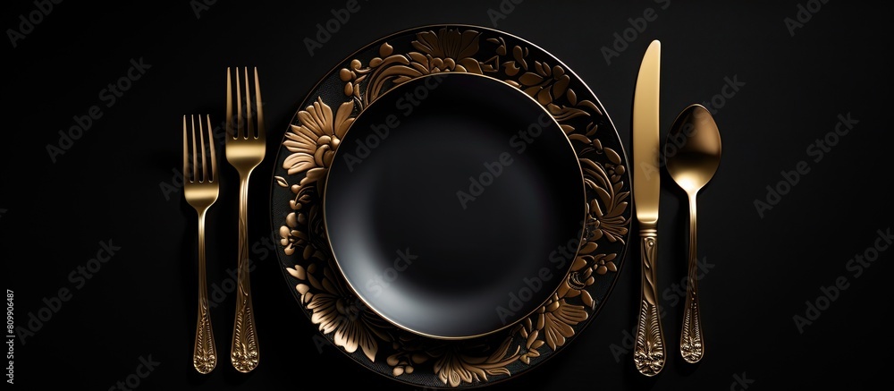 Poster On a black background there is a set of elegant black and gold cutlery including a spoon fork and knife The clean empty black plate adds a touch of luxury to the table setting This top view image pro