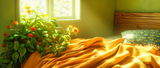 Vintage Styled Home Interior with Floral Decor on the Windowsill, Bright and Sunny Room with a View of Nature