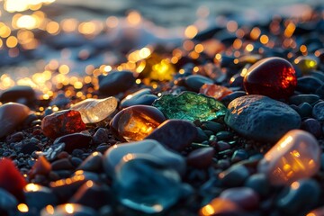 Glowing stones,  Shiny colorful stones on the beach shore, Colorful gemstones on a beach glowing, Ai generated