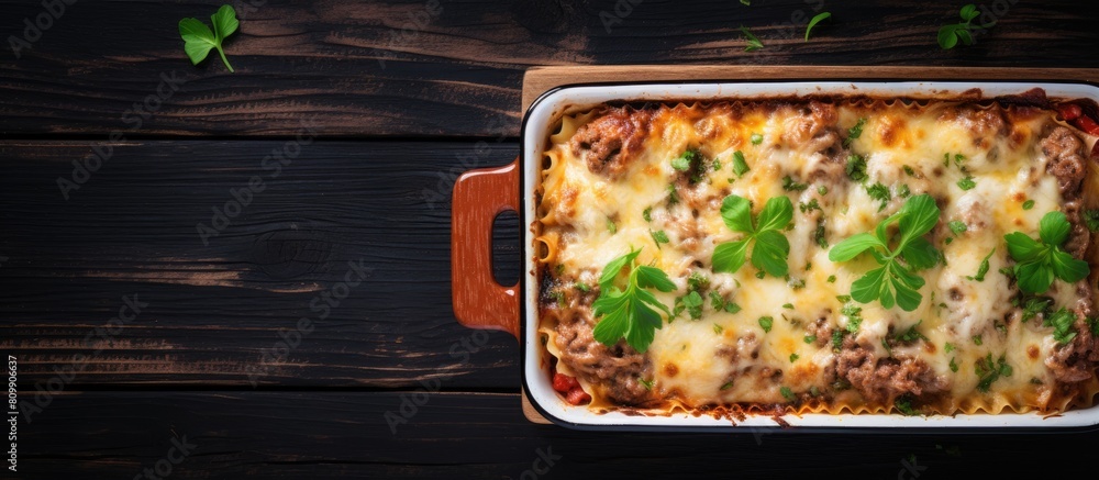 Aufkleber top view of a delicious traditional italian lasagna with a mix of savory vegetables minced meat and 