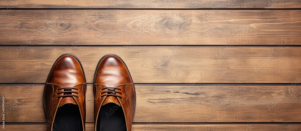 Poster top view of a pair of female shoes placed on a wooden background with ample copy space for images