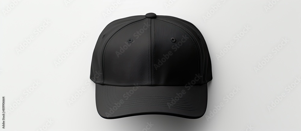 Poster a mockup for design featuring a black cap placed on a white background with ample copy space for cus