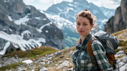 Naklejka premium Woman wearing hiking attire in the rugged terrain of the Swiss Alps