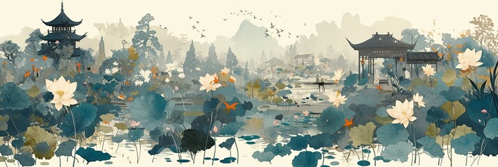 Chinese pavilion near a lake with lotus blooming, classical Chinese painting, illustration banner