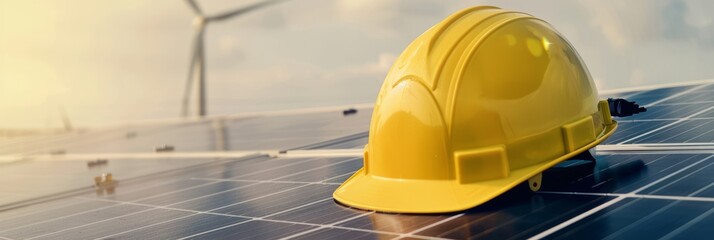 Yellow safety helmet on solar panels against the background of wind generators, green energy