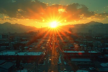 Obraz premium Sun Setting Over City With Mountains in Background