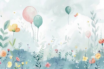Children's illustration with a beautiful meadow with different wildflowers and colorful balloons