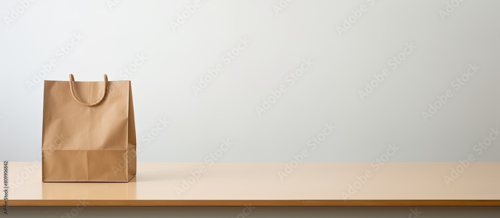 Poster A solitary brown paper bag with empty space surrounding it set against a plain white background. Creative banner. Copyspace image