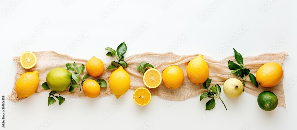 Aufkleber Flat lay copy space image showcasing the zero waste concept with a variety of eco friendly bags including string mesh and grocery bags A lemon sits on a white background adding a fresh touch Top view