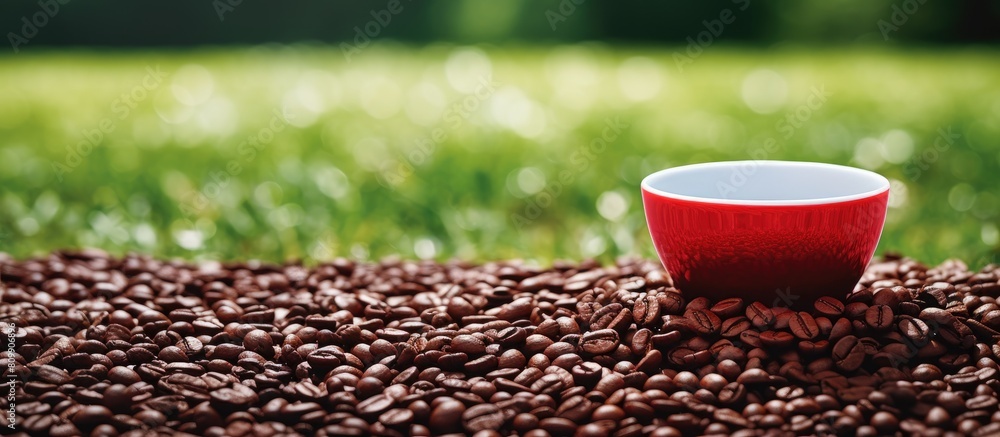 Poster A quality and enjoyment concept of freshly ground coffee beans is depicted by a red cup filled with coffee beans placed on a gray lawn surrounded by other coffee beans Copy space image
