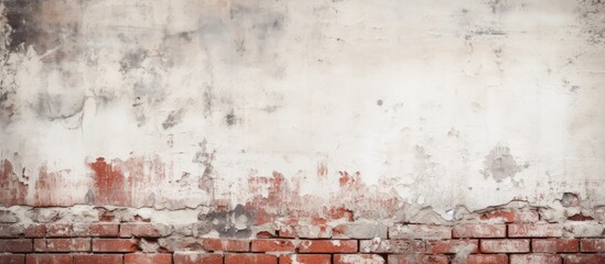 An aged brick wall with a grunge red stonewall background whitewashed distressed surface and grungy wide brickwall The shabby building facade has damaged plaster This abstract web banner contains cop