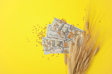 Spikelets with hundred dollar bills on a yellow background. Food crisis