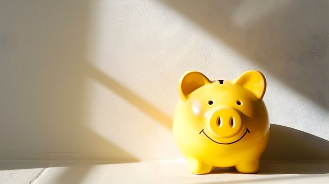 Cheerful Yellow Piggy Bank in Sunlit Corner with Copyspace