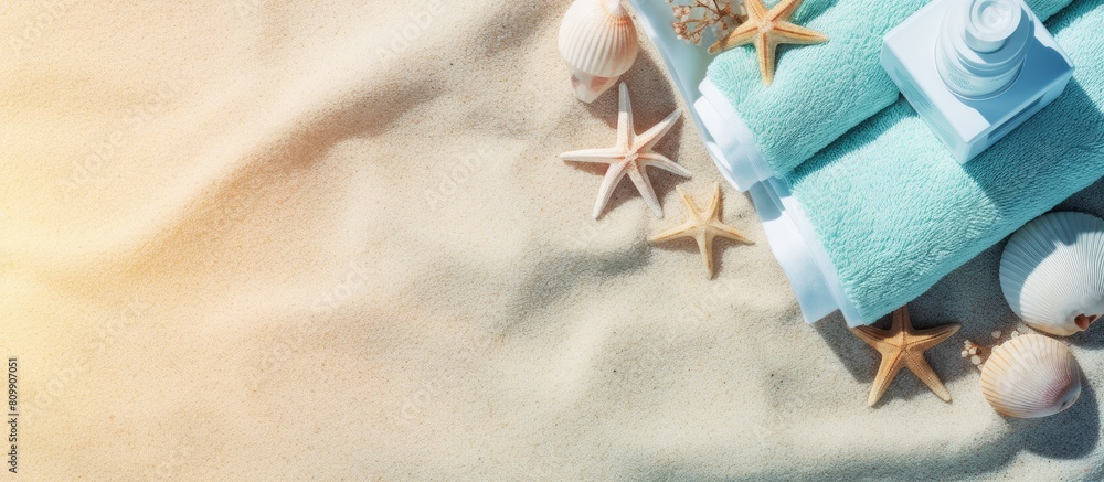 Poster Top view image of beach accessories and towel perfect for a summer vacation concept Copy space available for text enhancing the travel concept
