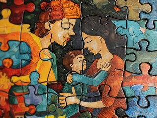 family of three is embracing in front of a colorful background.