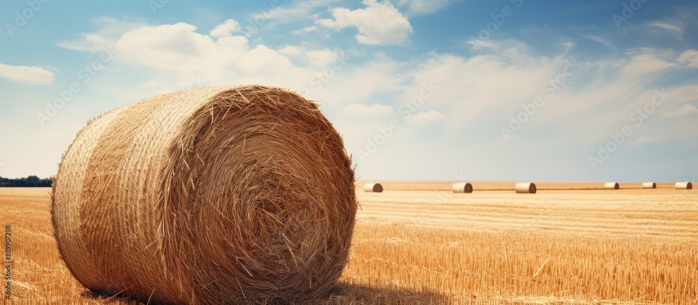 Poster A copy space image featuring a ready to pick up large round bale of hay as seen from the front