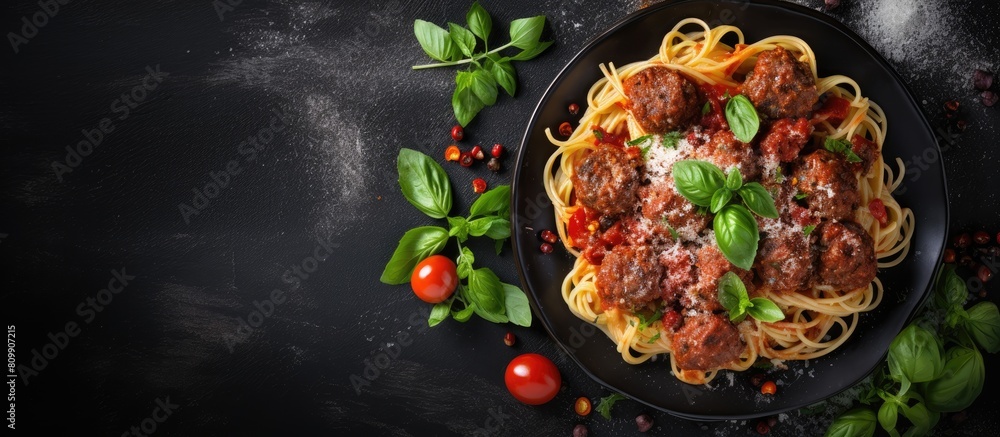 Poster a top view of pasta with beef meatballs in tomato sauce basil and parmesan cheese on a dark stone ta