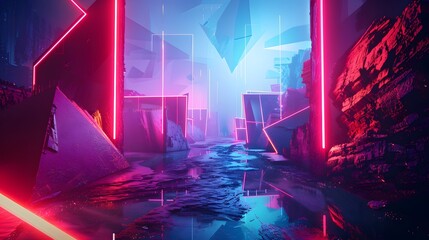 A neon-lit abstract landscape evoking a cyberpunk aesthetic, featuring glowing geometric shapes,...