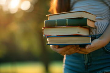 A girl on the street holds a stack of books in front of her