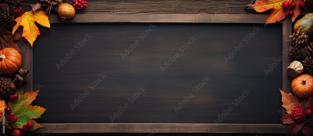 Poster Top view of a blackboard adorned with Autumn decorations on a wooden frame The image is toned with plenty of space available for your text. Creative banner. Copyspace image