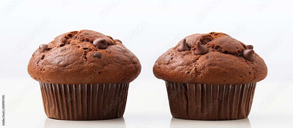 Poster There are two chocolate muffins placed on a plain white surface The image is focused closely and there is empty space available for adding text. Creative banner. Copyspace image