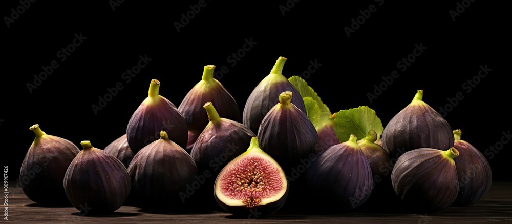 Poster A copy space image featuring ripe figs arranged on a black table allowing room for text
