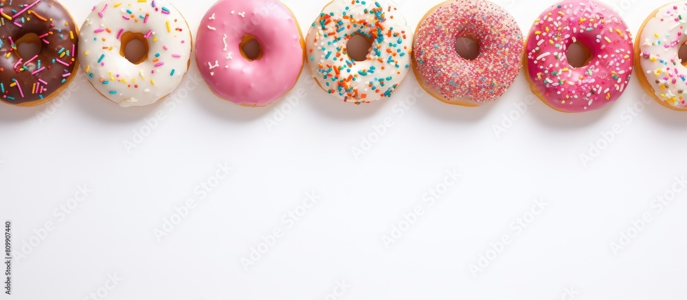Aufkleber a copy space image of vibrant donuts with a variety of icings colorful sprinkles and the word donuts