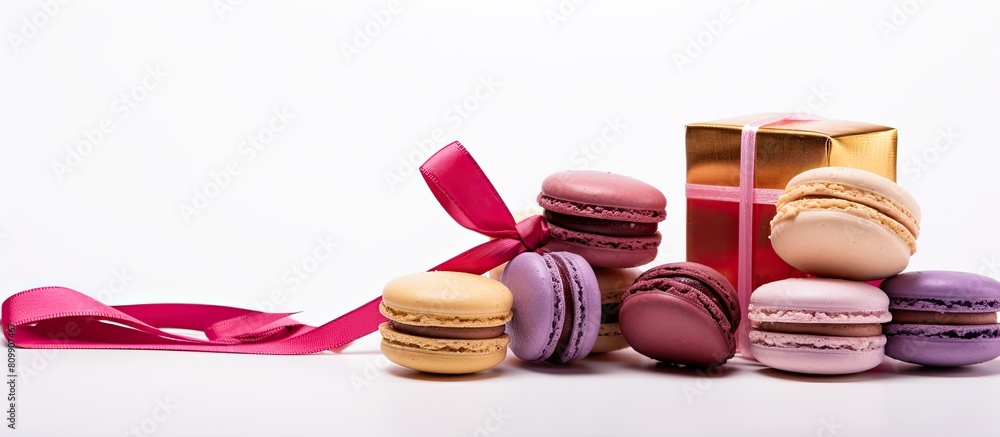 Poster a copy space image of colorful macaroons and a gift box placed against a white backdrop