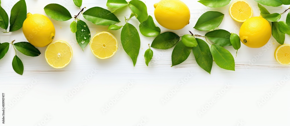 Leinwandbilder a top down view of lemons and limes arranged on a white wooden table accompanied by fresh green leav