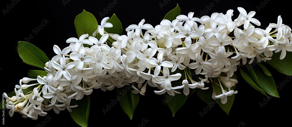 Aufkleber top view of a white lilac against a black backdrop providing ample copy space for text