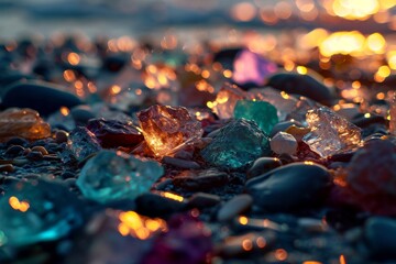 Glowing stones,  Shiny colorful stones on the beach shore, Colorful gemstones on a beach glowing,...
