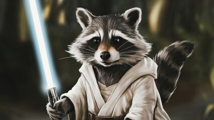 Funny raccoon in Jedi clothes and with a lightsaber, cute pet for background, poster, print, design card, banner, flyer - obrazy, fototapety, plakaty