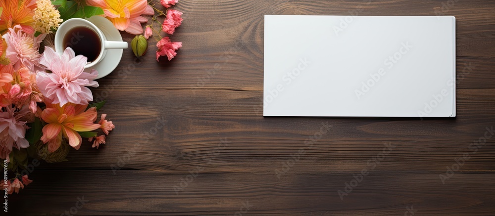 Poster top view of an office table desk adorned with various supplies such as a white blank note pad a cup 