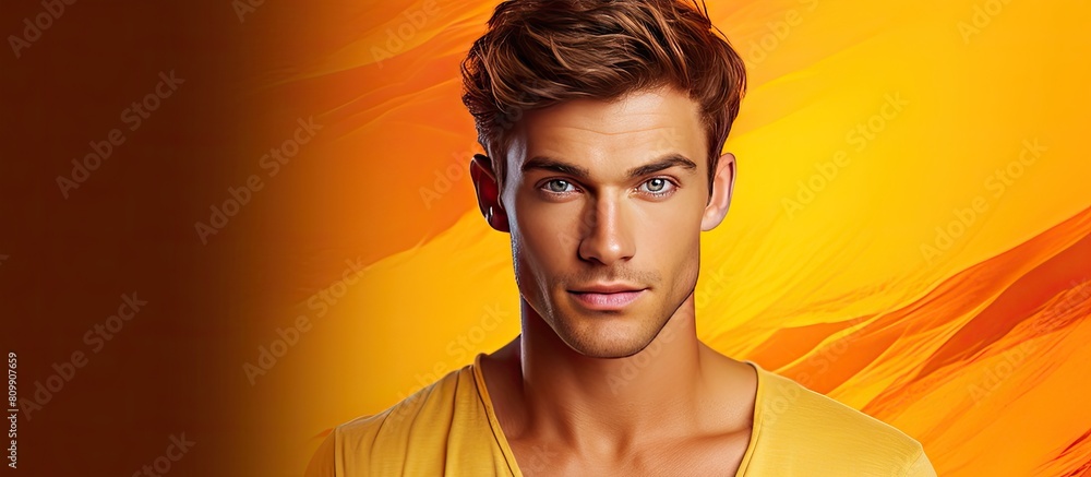Poster copy space image of a youthful and attractive man captured in a portrait against a vibrant colored b