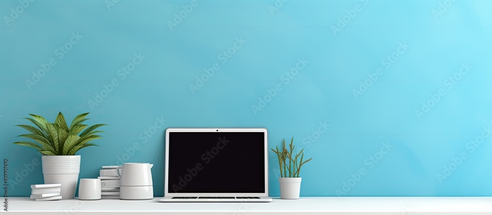 Poster a modern creative workspace with a blue background is depicted in the copy space image featuring a l