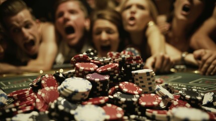 Winner of a poker game raking a large pile of chips towards themselves, with opponents shocked faces in view