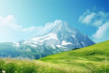 Obraz premium Idyllic view of a snow-capped mountain towering above a vibrant green meadow with spring flowers