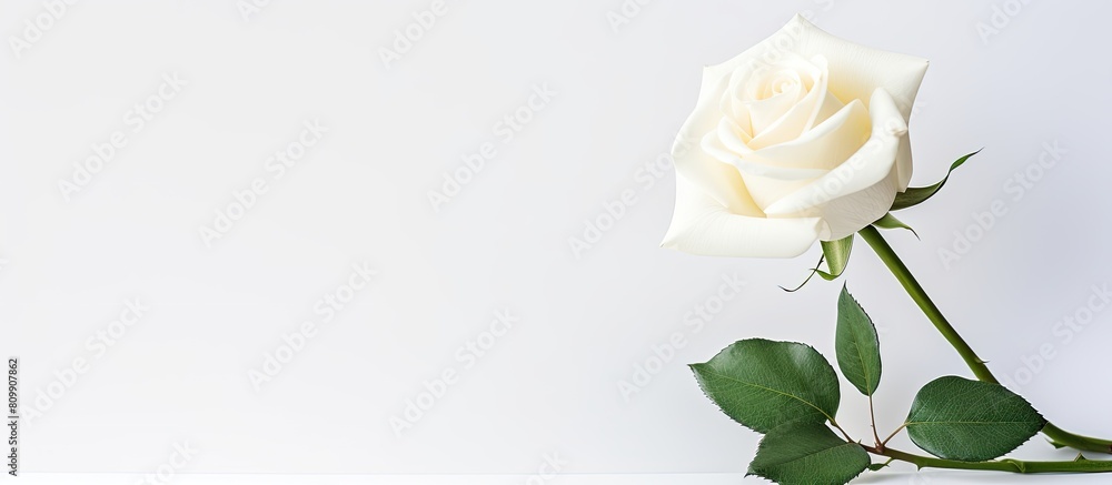 Poster an artificial white rose flower with a clean and minimalist aesthetic set against a simple white bac