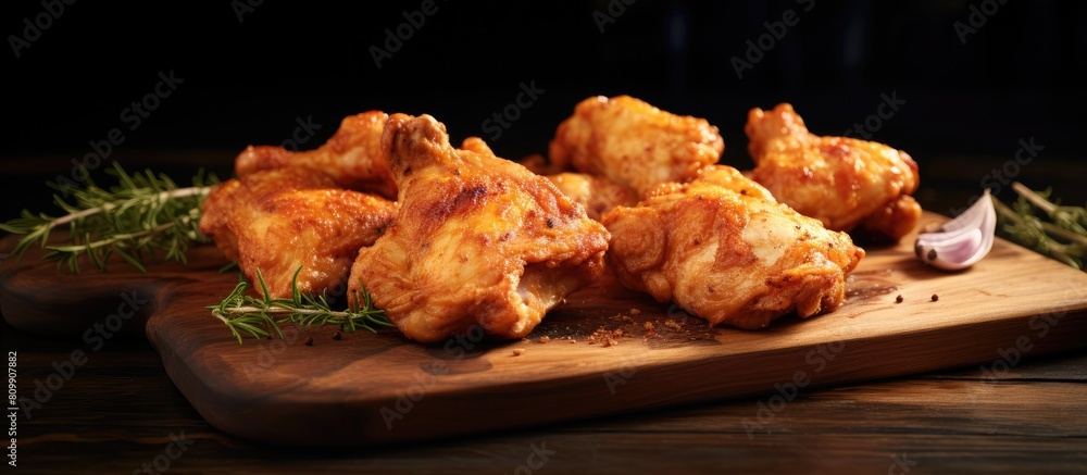 Poster ready to fry chicken thigh pieces arranged on a cutting board creating a copy space image