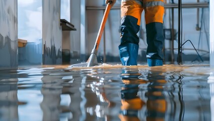Mopping up deep floodwater in a basement or electrical room after a leak. Concept Flooded Basement, Water Damage Cleanup, Leaking Pipes, Electrical Hazards, Emergency Restoration